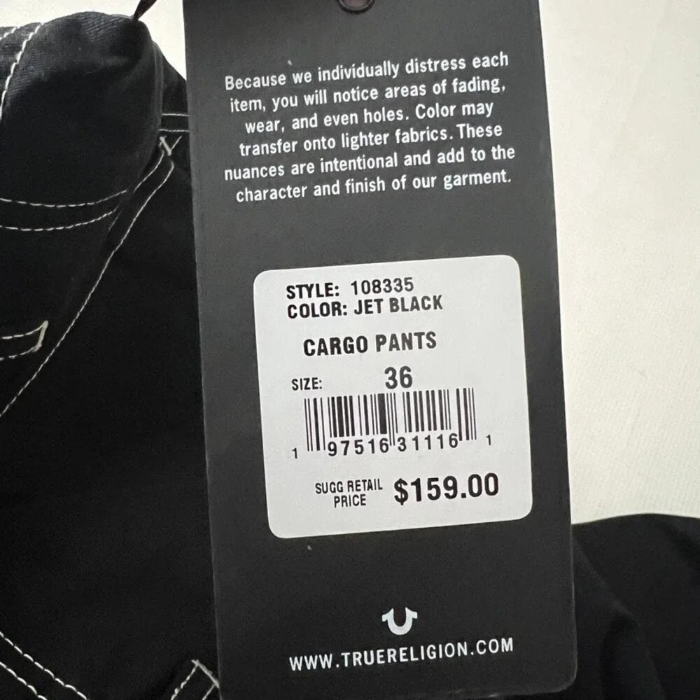 True Religion Cargo Pants Mens 36‎ Jet Black White Contrast Stitch 108335